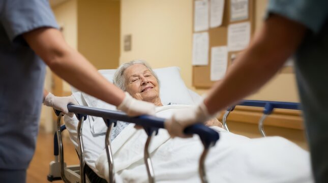 Elderly woman smiling on a gurney guided by nurses in a hospital corridor for hospice and palliative care patient transfer poster