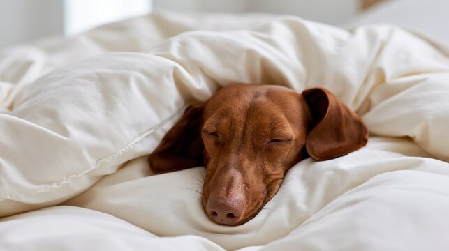 The Sleeping Dachshund Resting on White Bedding in Soft Morning Light