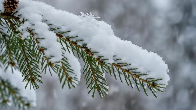 Snowflakes Falling And Settling On Pine Tree Branch In Winter Close-Up