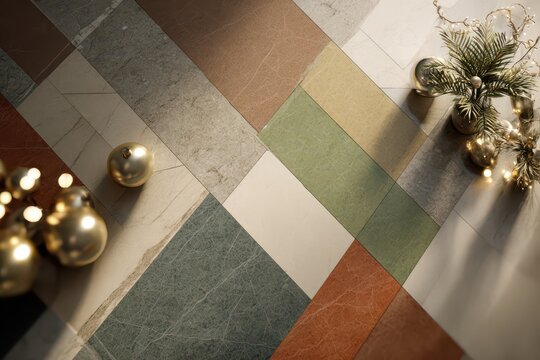 Overhead holiday floor tiles with gold ornaments and foliage for christmas and new year background and festive interior design display