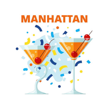 Two manhattan cocktails with confetti isolated on transparent background