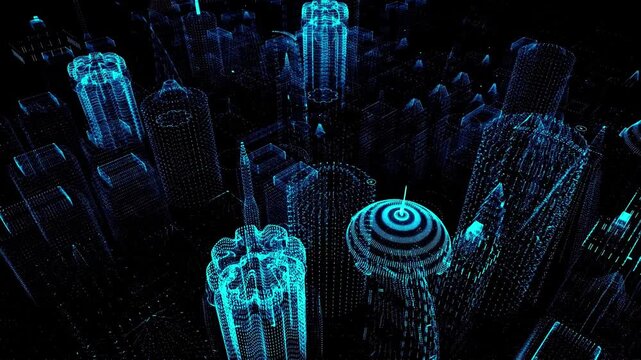 Futuristic holographic cityscape digital grid wireframe animation digital city holographic skyline wireframe buildings virtual metropolis cyberpunk urban digital city holographic skyline wireframe