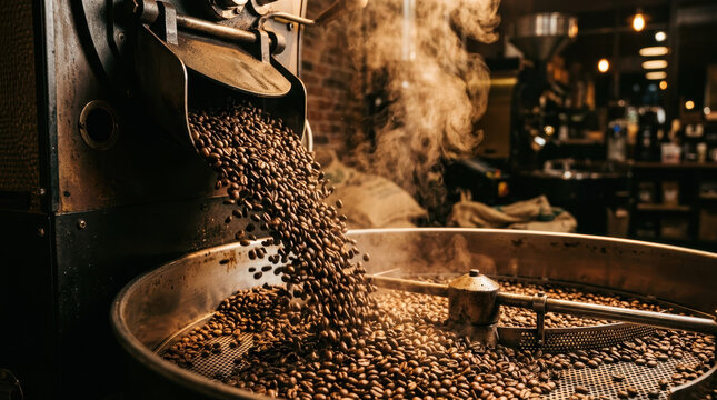 Coffee bean roaster pouring steam machine cafe brown roasted aromatic coffee bean pouring from metal roaster into cooling tray, warm cafe interior with steam, equipment, and rich brown texture