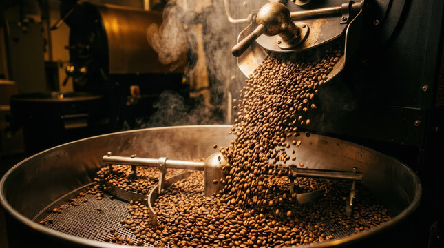 Roasted coffee bean roaster pouring steam metal drum brown heat cafe beverage aroma flowing from machine into cooling tray during artisan production