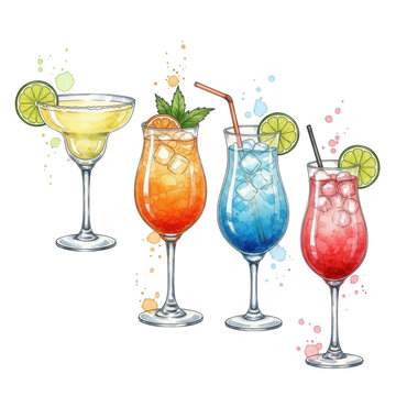 Assortment of colorful tropical cocktails isolated on transparent background