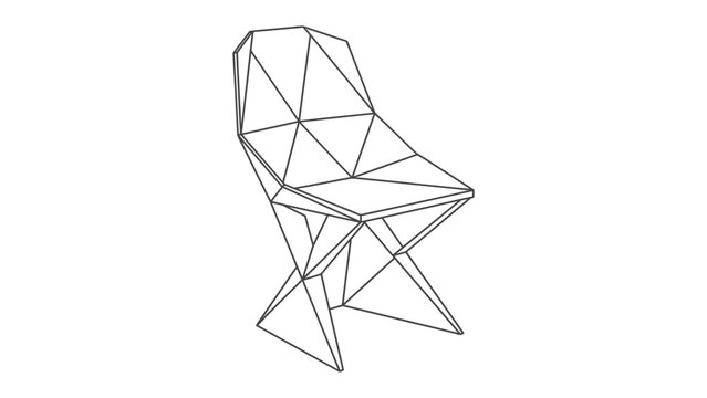 Modern Geometric Chair Design: A minimalist chair rendered in clean lines, showcasing a unique geometric silhouette with sharp angles and faceted surfaces.