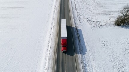 Obraz premium The Red Truck with Trailer on Snowy Rural Highway Aerial Perspective