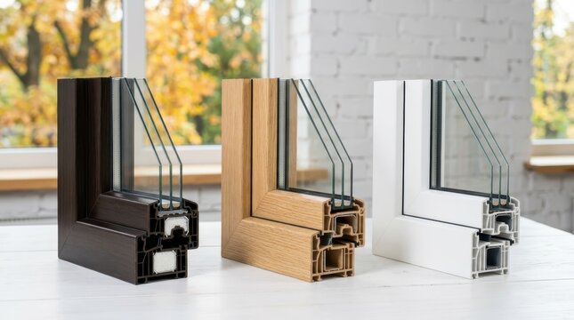 Samples of Modern Energy Efficient Window Frame Cross Sections with Triple Glazing in White, Oak, and Dark Brown