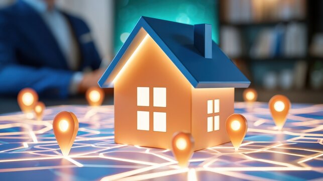 Glowing house model on digital map with location pins, business concept