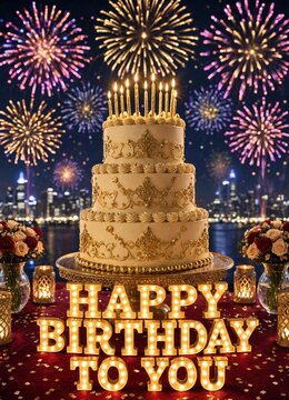 Large three tiered birthday cake with glowing candles and happy birthday text with colorful fireworks exploding in the night sky background for a festive party celebration