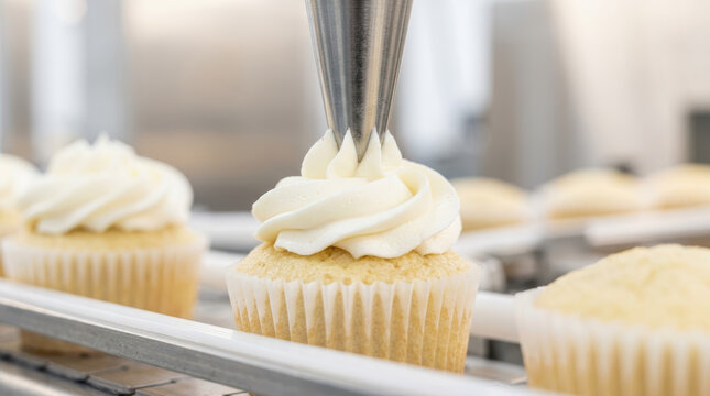 Nozzle piping frosting cupcake bakery cream dessert pastry automation production, metal nozzle piping frosting onto cupcake bakery line with cream swirl, soft background, sweet pastry dessert