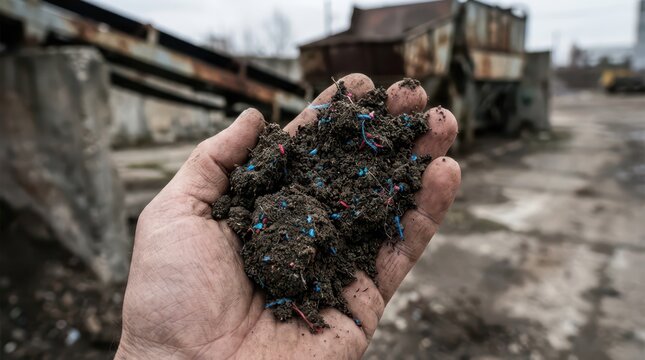 Hand holding contaminated soil with blue and red plastic fragments for recycling process background and material recovery documentation