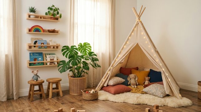 Cozy nursery corner with a teepee, wooden shelves, and a large monstera plant