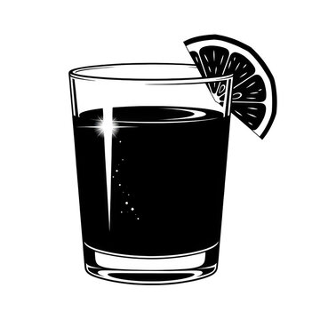 Black and white illustration of a drink with a lemon slice isolated on transparent background