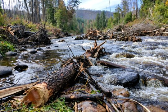 River with log jam and rapids in forest