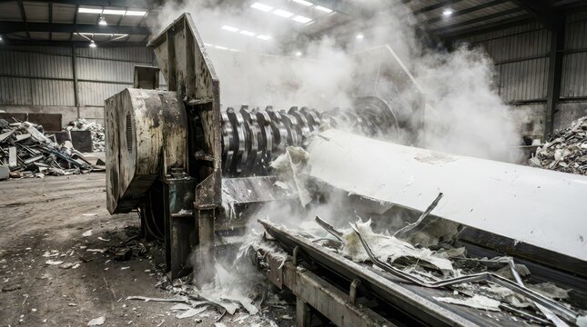 Close up industrial wind turbine blade shredded in a metal crusher with steam and scrap for recycling facility poster and background