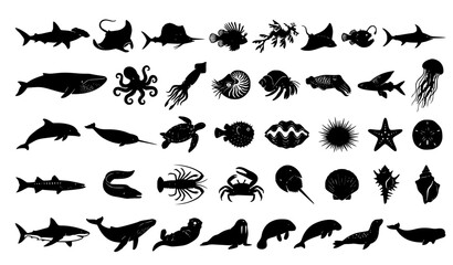 Fototapeta premium Premium Ocean Animals Fish and Marine Life Mega Silhouette Set