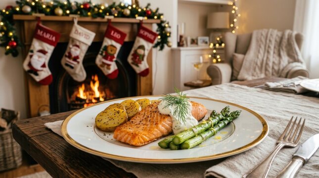 Grilled salmon dinner by a christmas fireplace