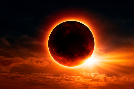Total Solar Eclipse with Solar Corona Visible in Dark Night Sky