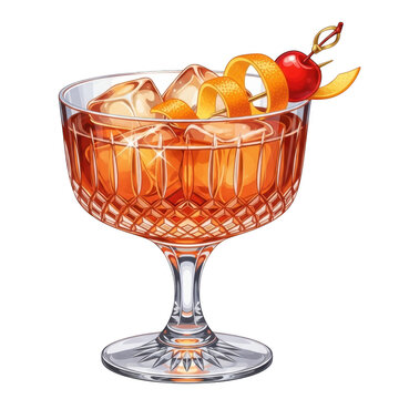 Crystal glass with amber cocktail, ice, orange peel, and cherry isolated on transparent background