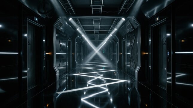 Futuristic scifi corridor with glowing zigzag floor lights
