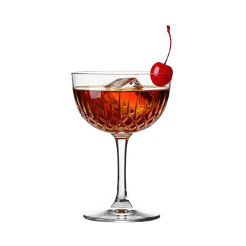 Manhattan cocktail with cherry and ice isolated on transparent background