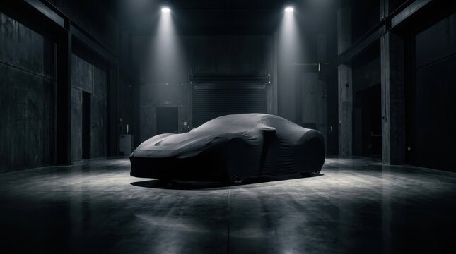 Sports car covered with a black fabric sheet in a dark industrial garage
