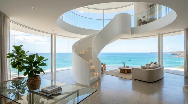 Modern luxury living room with spiral staircase and ocean view