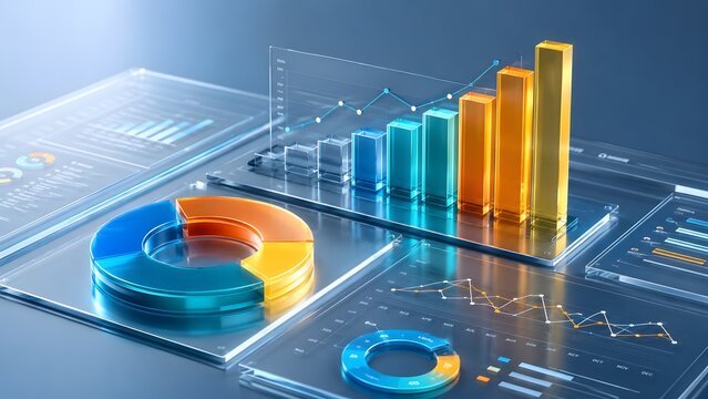 Advanced futuristic 3D data visualization featuring glass bar charts and financial graphs for business analytics.