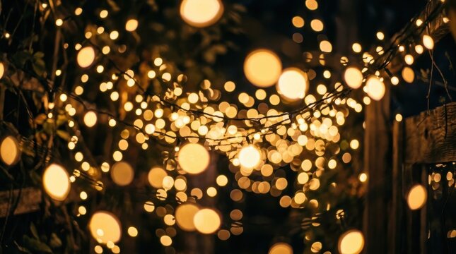 Abstract background of glowing golden bokeh fairy lights