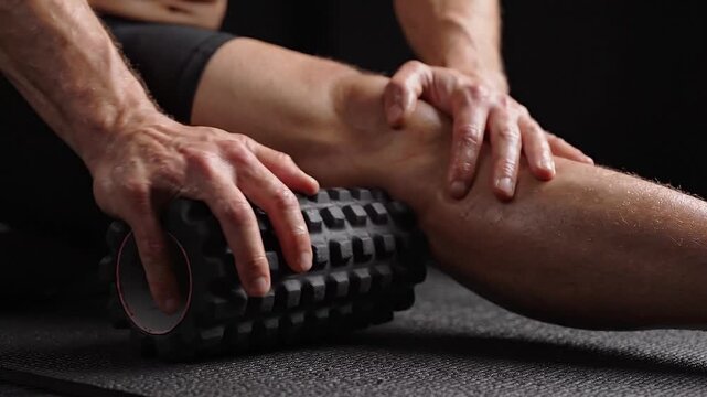 Man using a textured foam roller to massage and release tension in his leg during a fitness recovery routine
