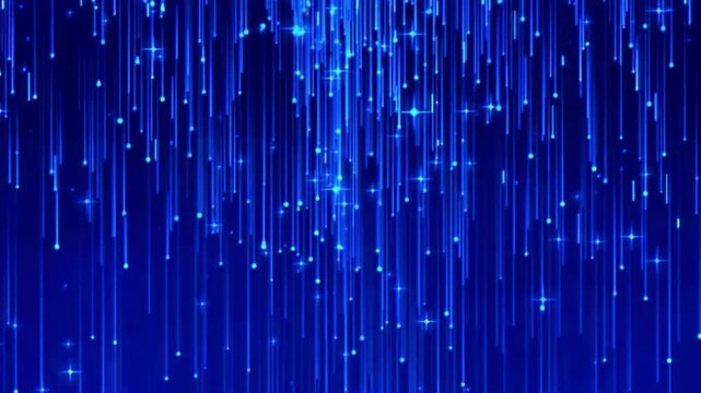 Blue Glowing Light Lines and Falling Sparkling Particles Background