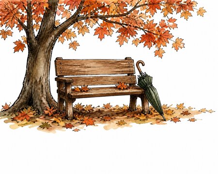 a wooden bench beneath a maple tree with fallen leaves and a folded