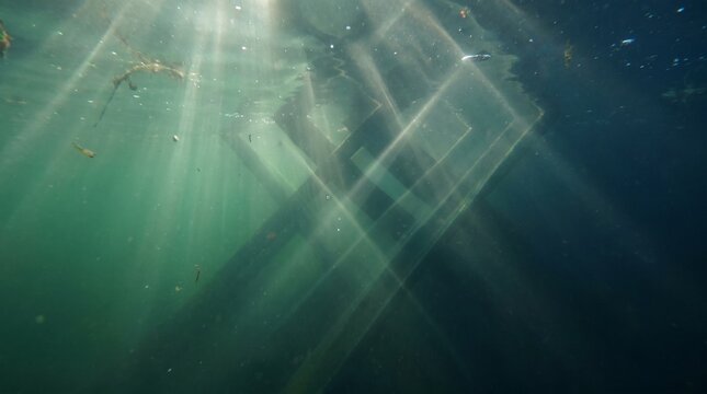 Crisp underwater light rays crossing through clear green ocean water with floating particles and distant kelp silhouettes