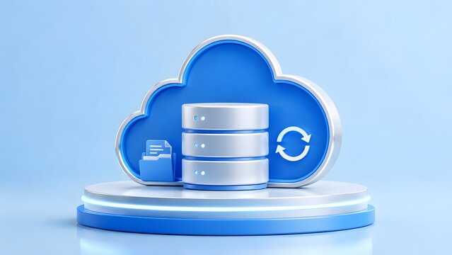 3D illustration of cloud computing storage with silver database server folder and sync arrows on a glowing blue podium.