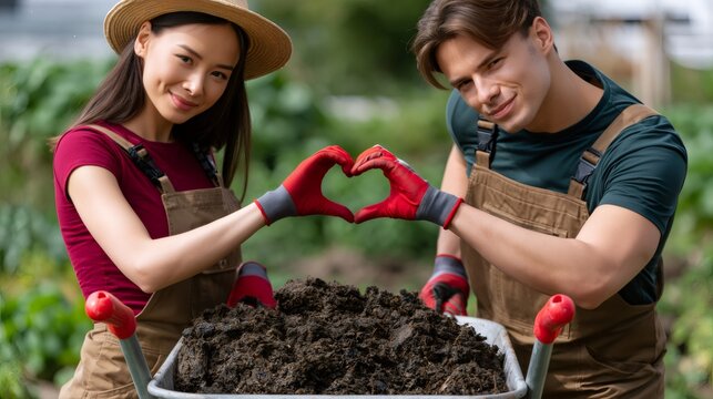Couple making heart gesture with hands over soil