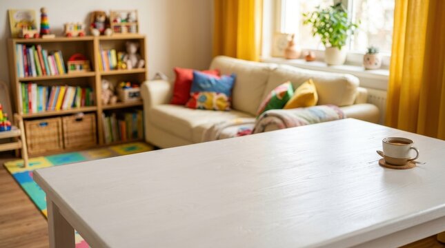 Cozy living room interior with a white table in the foreground