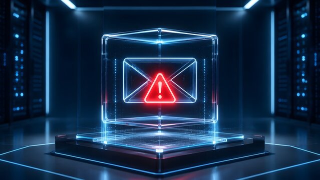 Glowing neon red email warning alert inside a futuristic glass cube in a dark server room data center.
