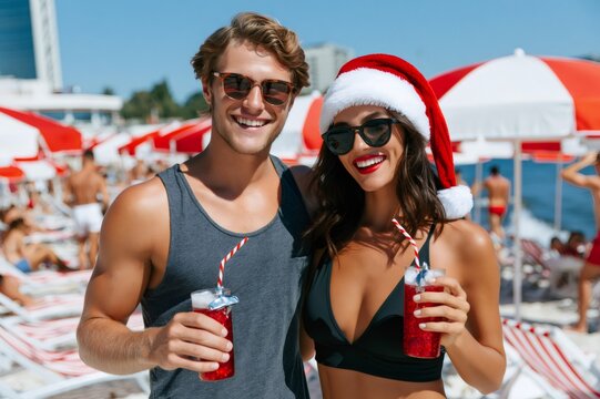 Couple celebrating christmas holidays on tropical beach