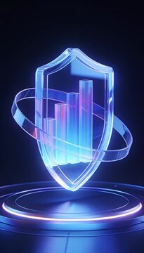 Fintech data visualization cyber security shield icon bar chart analytics hologram concept featuring glowing neon glass bars and floating circular platform with abstract financial chart protection
