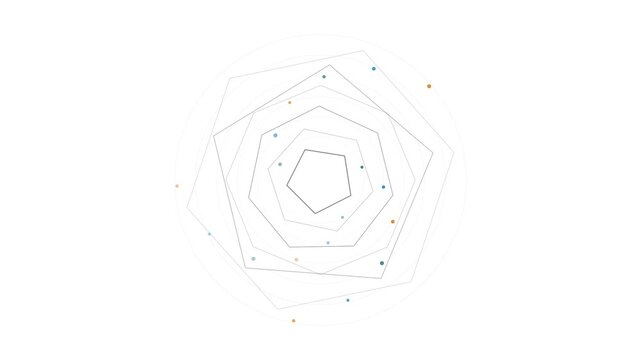 Abstract Minimalist Geometric Pattern Featuring Nested Pentagons and Scattered Small Colorful Particles on a Clean White Background