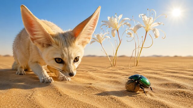 Fennec fox watching a green beetle beside a dung ball in a sunlit desert landscape with white flowers