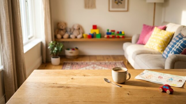 Cozy living room interior with a wooden table in the foreground