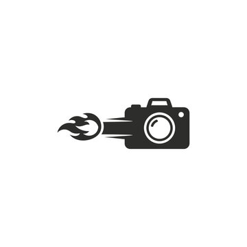 Fast camera icon with flaming trail and motion lines