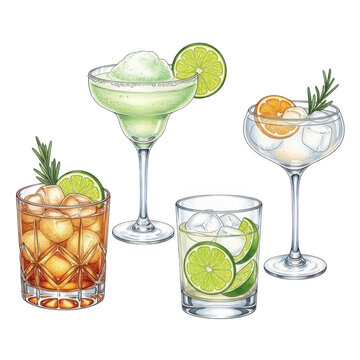 Assortment of colorful cocktails and drinks isolated on transparent background