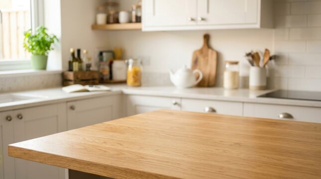Modern kitchen interior with wooden countertop and white cabinets