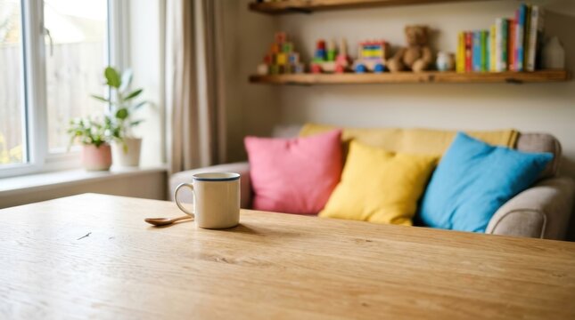 Cozy living room interior with a wooden table, a mug, and colorful cushions on a sofa