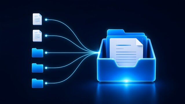 Glowing blue neon digital documents transferring and collecting into a 3D futuristic folder for cloud data storage.
