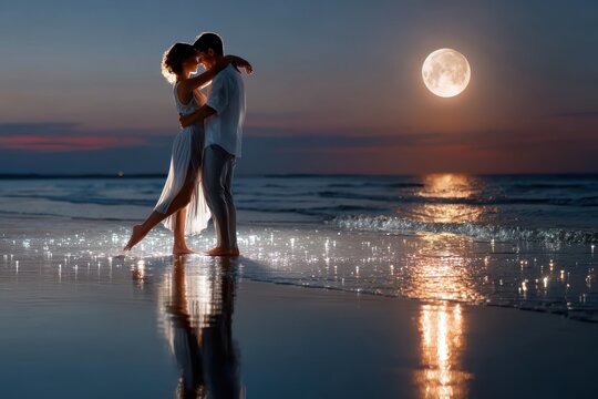 Couple embraces on a beach under a full moon at twilight