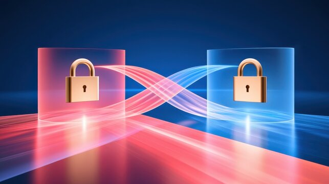 Secure data transfer concept with glowing padlocks and abstract light streams